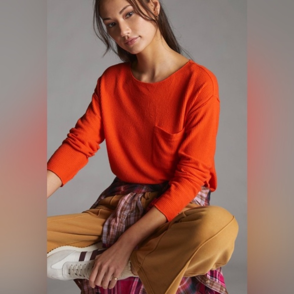 Anthropologie Daily Practice Waffle Knit Cropped Sweater Bright Red Orange